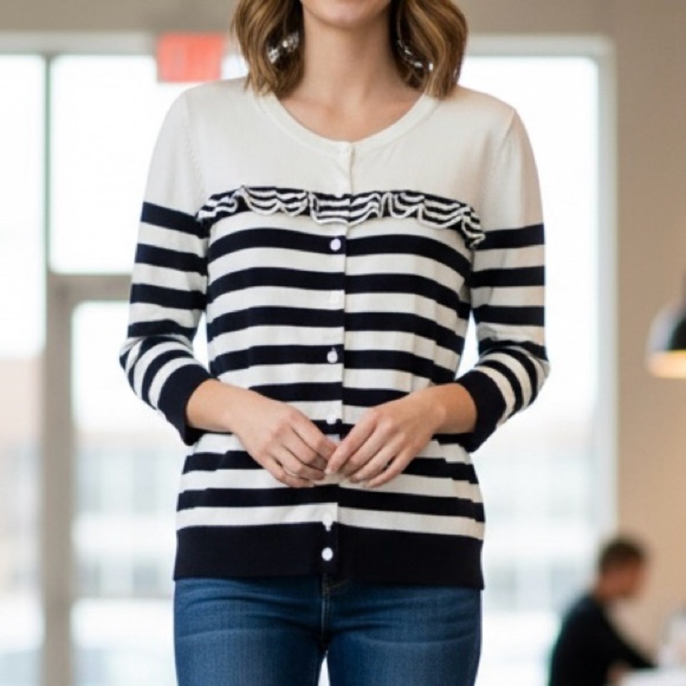 Talbots Petites Navy and White Striped Ruffled 3/4 Sleeve Cardigan SizeMP